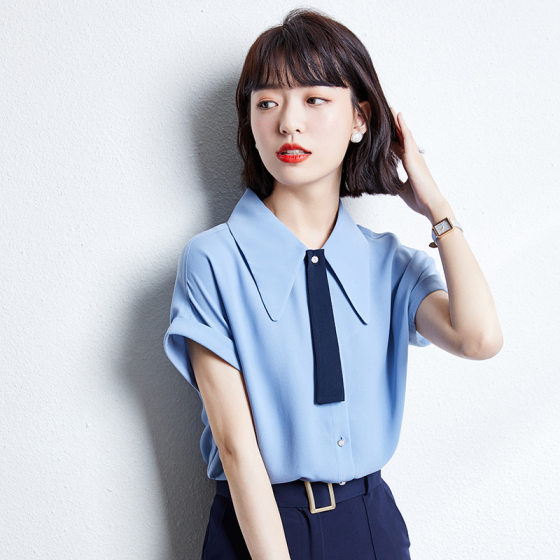 Real shot blue chiffon shirt women's summer short sleeve 2022 New tie design sense niche shirt top