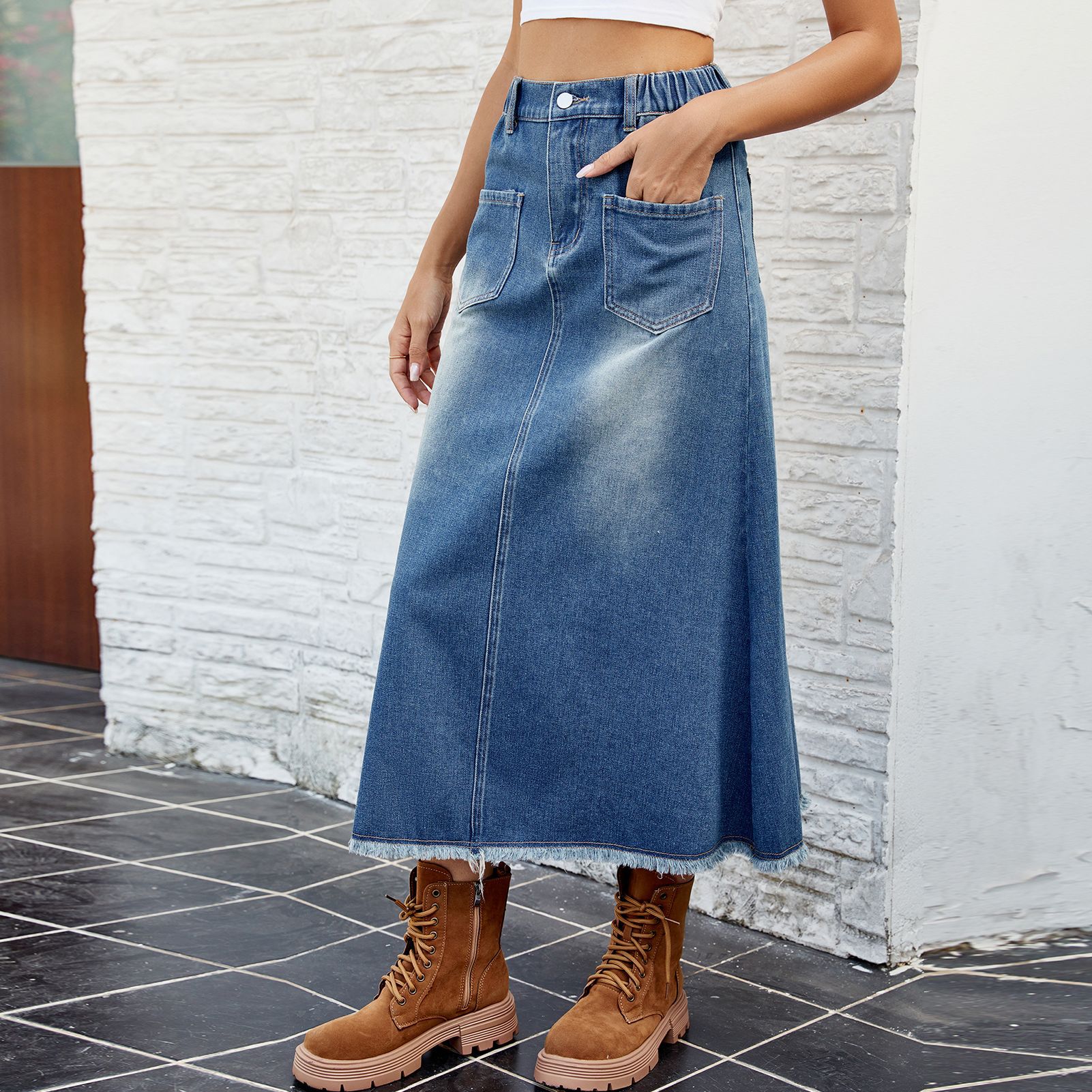 Women's Denim Skirt Raw Edge Mid Length Summer Spring Skirt_voghion.com
