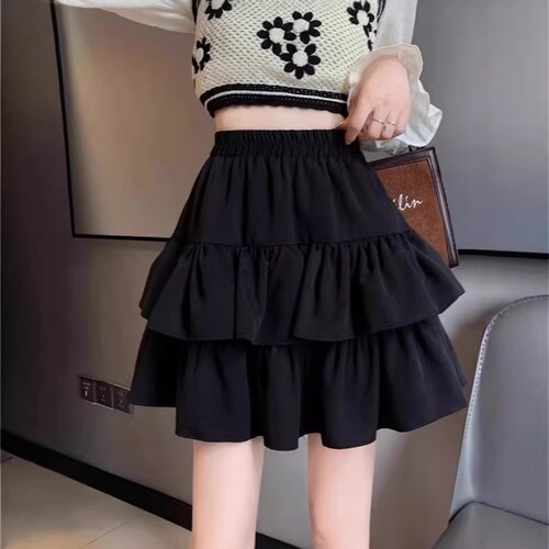 Black fluffy cake skirt for women's summer new elastic high waist slimming small anti-exposure a-line short skirt