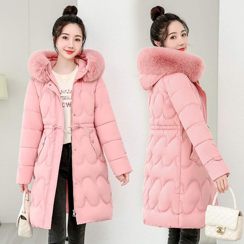 Invierno nuevo tipo de ropa de algodón gruesa media y larga mujer estilo coreano sobre la rodilla cintura delgada chaqueta de algodón de cuello caliente abrigo de pluma
