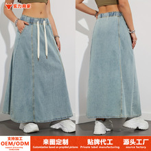 跨境外贸欧美独立站美式设计感松紧腰宽松大摆裙牛仔裙女休闲长裙