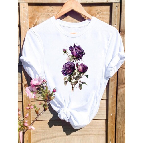 Cross-border large size sunflower floral basic women's trendy cute round neck white short-sleeved top for summer women