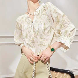 印花新中式上衣绝美独特别致复古轻熟法式小众设计感衬衫2025新款