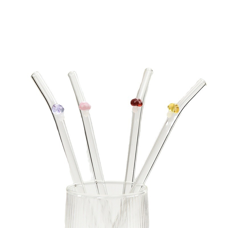Creativa paja de vidrio de colores jugo de leche resistente al calor paja embarazada y niños disponibles paja de hongos fábrica al por mayor