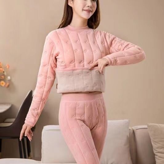 Winter Wool Mid-High Collar Thermal Suit with Fleece Lining, Thickened Four-Layer Thermal Top and Pants, Cashmere Home Thermal Wear