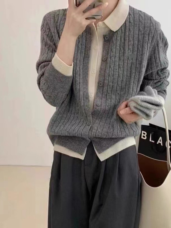 欧货翻领拼接针织毛衣女秋2025新款宽松软糯假两件长袖开衫上衣|undefined