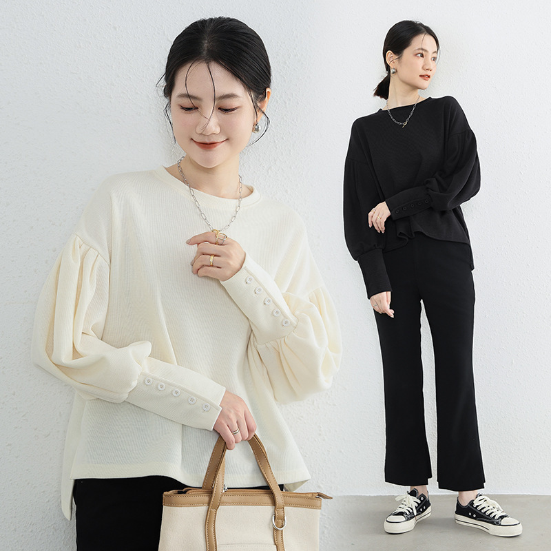 # Autumn and Winter New Japanese and Korean New Simple Loose Jacket Solid Color Round Neck Lantern Sleeve Design Sense Women's Sweat