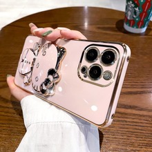 适用iPhone15手机壳电镀猫咪支架补妆镜苹果14Promax硅胶软壳批发