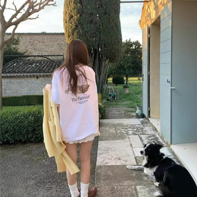 in stock white back printed short sleeve T-shirt women's 2025 Korean ins cotton loose top the barnn * t