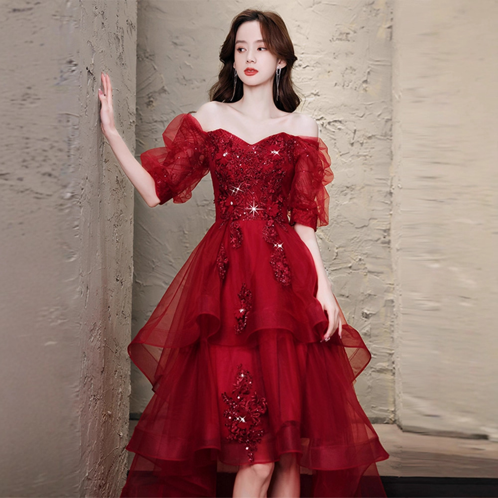 Red Wedding The Bride, Elegant Front-short-back-long Engagement Gown, Light And Fairy-like Evening Dress For Women_voghion.com