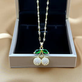 铜真金绿叶锆石水果樱桃吊坠跨境新品项配饰女时尚锁骨链钛钢项链