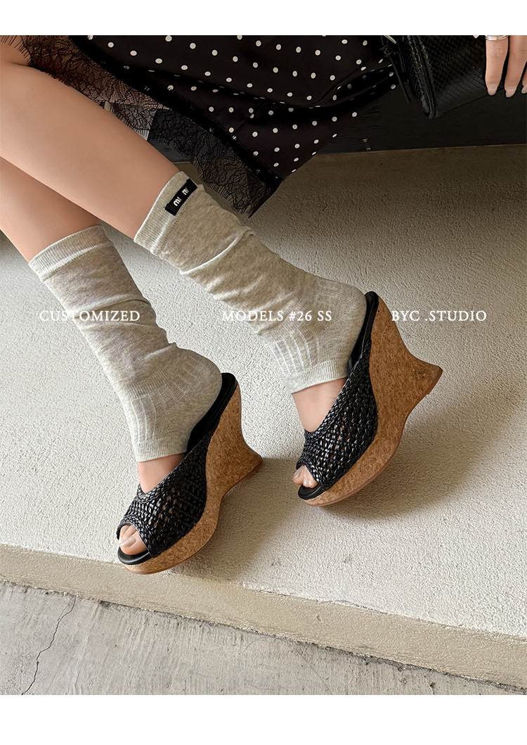 Sandal cao gót nữ đế xuồng mũi hở quai ngang bện đan — màu nâu, màu đen, màu trắng ngà chi tiết 15
