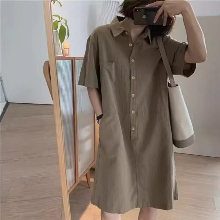 Đầm sơ mi suông tay ngắn thiết kế độc đáo dáng thẳng — màu xanh hải quân chi tiết 1