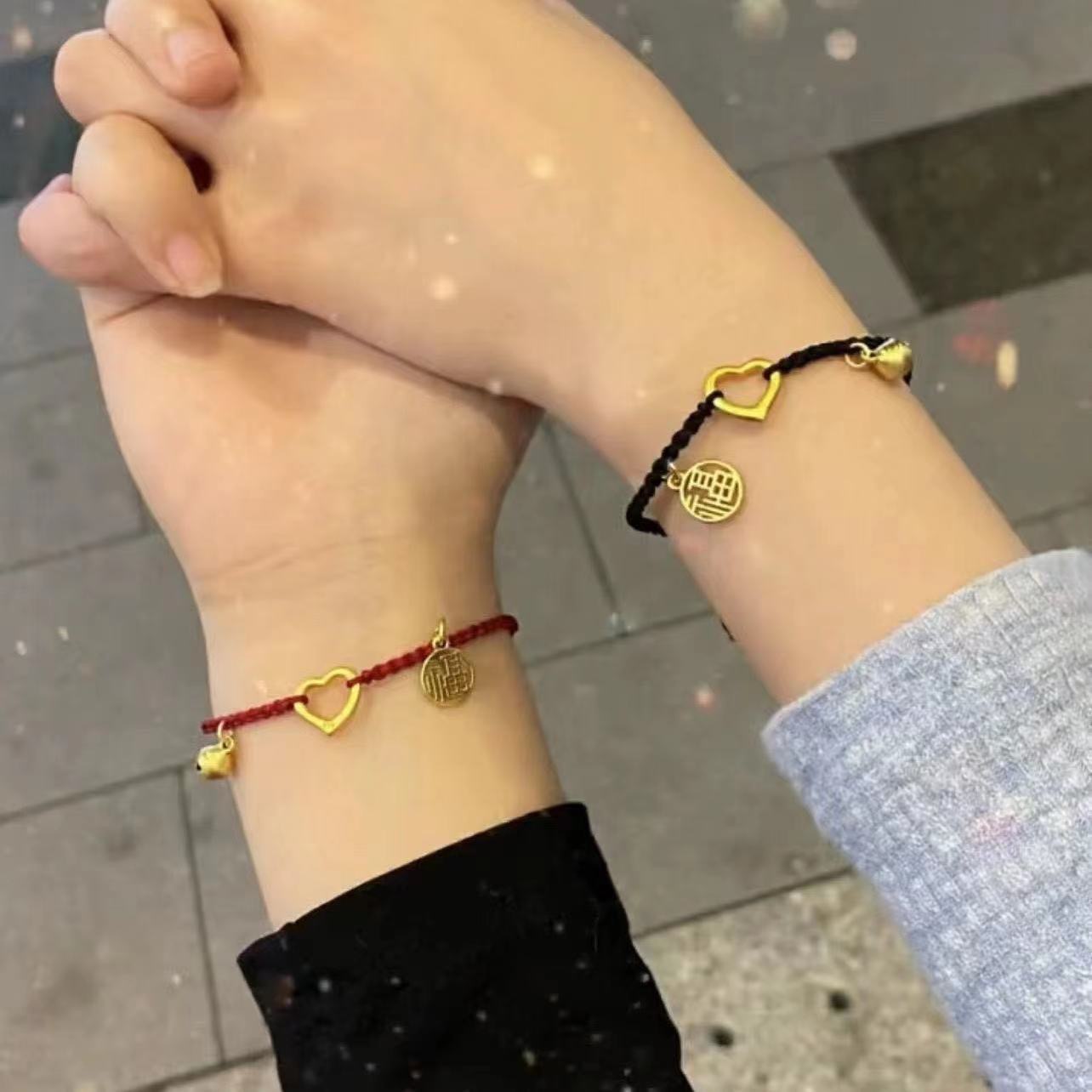 快手同款草莓晶愛心鈴鐺手鍊女情侶款編織手繩閨蜜情侶禮物