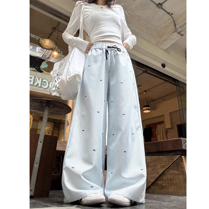 韩系蓝色条纹阔腿裤女夏季2025新款高腰直筒休闲裤设计感小众长裤|undefined