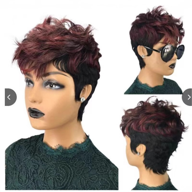 Cross-border European and American wig women's short hair wine red short wave synthetic wig fluffy short curly hair set manufacturers on behalf Cross-border European and American wig women's short hair wine red short wave synthetic wig fluffy short curly hair set manufacturers on behalf