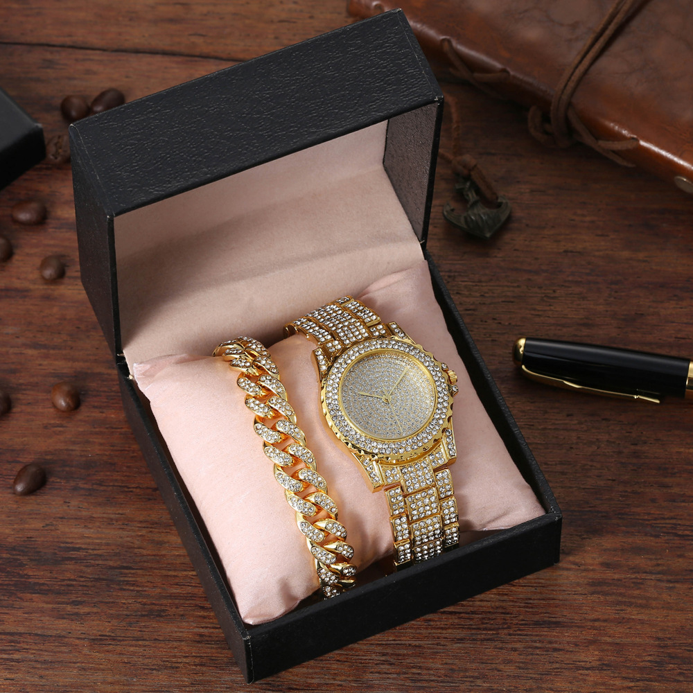 Täisteemantidega äritrendi elegantne, kõiksobiv suur numbrilauaga terasvöö kvartskell + täisteemantkäevõru (2tk/komplekt)_voghion.com