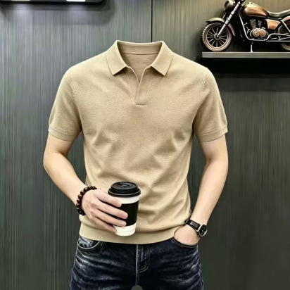 Factory Direct Sale Men's Summer Versatile Short-Sleeve T-Shirt V-Neck Polo Shirt Seagull Collar Solid Color Ice Silk Half-Sleeve Men's Top