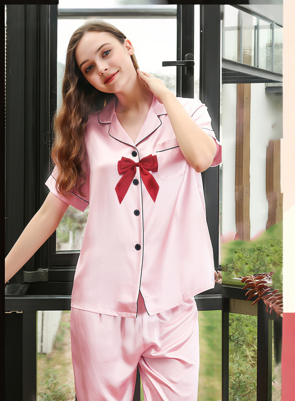 模造糸半袖少女パジャマセットシルク春夏ズボン襟ホーム服クロスボーダーメーカー直供|undefined