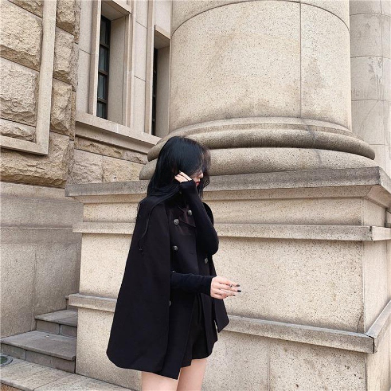 Women's Clothing Winter new style Internet celebrity black cape coat versatile loose stand collar medium and long woolen coat for women_voghion.com