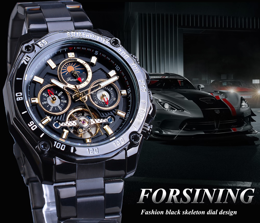 Men's Mechanical Watch Automatic Tourbillon Moon Phase Steel Band_voghion.com
