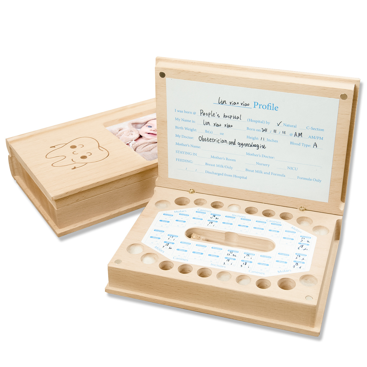 Marco de madera recién nacido cabello fetal dientes de leche almacenamiento caja de recuerdos libro cabello fetal diente casa de almacenamiento
