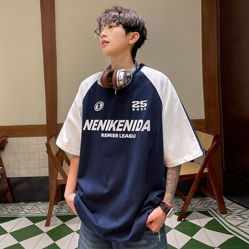 Contrast Color Short-Sleeved T-Shirts for Men and Women, National Fashion, American Retro Raglan Sleeves, Loose Oversize Casual Couple Tops, Trendy