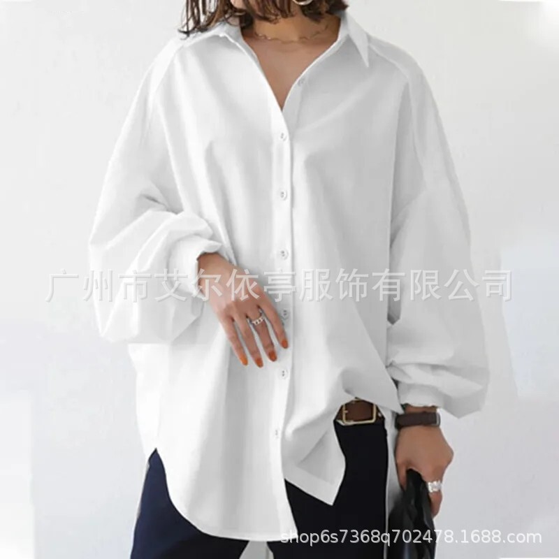 In-Stock European and American Women's Fashion 2025 100% Cotton Solid Color Turn-Down Collar Lantern Sleeve Button Irregular Hem Shirt