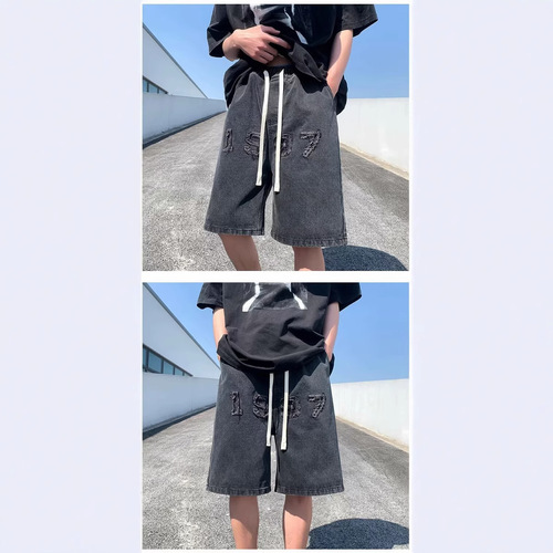 Men's denim shorts, thin, summer, American style, 5-inch high street fashion brand, loose, washed, retro 5-inch pants