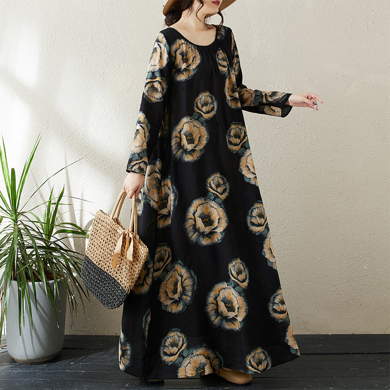 2025 Early Autum New Round Neck Pleated Loose Lazy Skirt Normcore Long-Sleeved Maxi Dress Holiday Style 2025 Early Autum New Round Neck Pleated Loose Lazy Skirt Normcore Long-Sleeved Maxi Dress Holiday Style