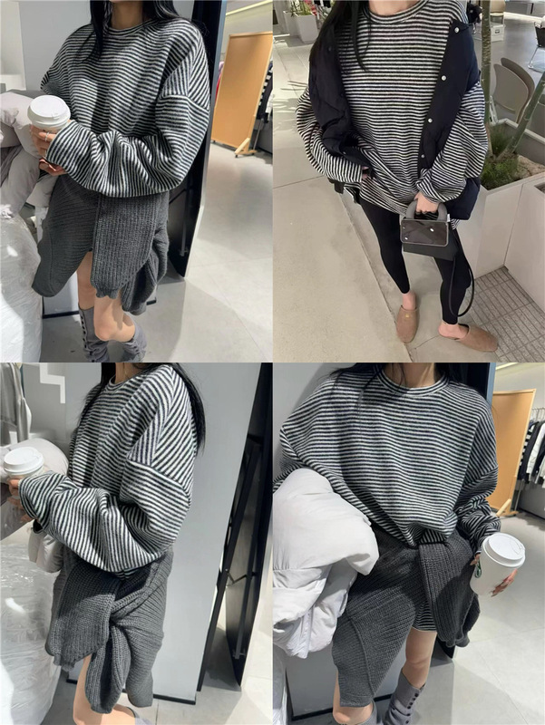 American-Style Lazy Knit Pullover Fine Striped Sweatshirt for Women, Korean-Style Casual Loose Mid-Length Base Shirt, 2025 Autumn and Winter American-Style Lazy Knit Pullover Fine Striped Sweatshirt for Women, Korean-Style Casual Loose Mid-Length Base Shirt, 2025 Autumn and Winter