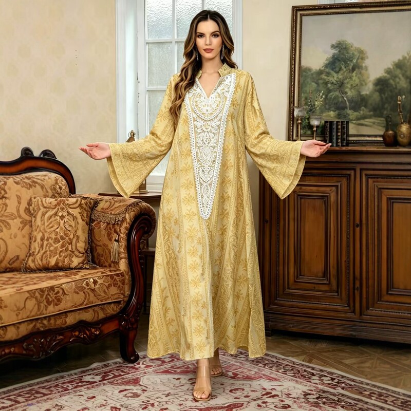 In-Stock Cross-Border Women's Fashion New V-Neck Jacquard Wide-Sleeve Long Dress Holiday Gown Embroidered Loose Dress In-Stock Cross-Border Women's Fashion New V-Neck Jacquard Wide-Sleeve Long Dress Holiday Gown Embroidered Loose Dress