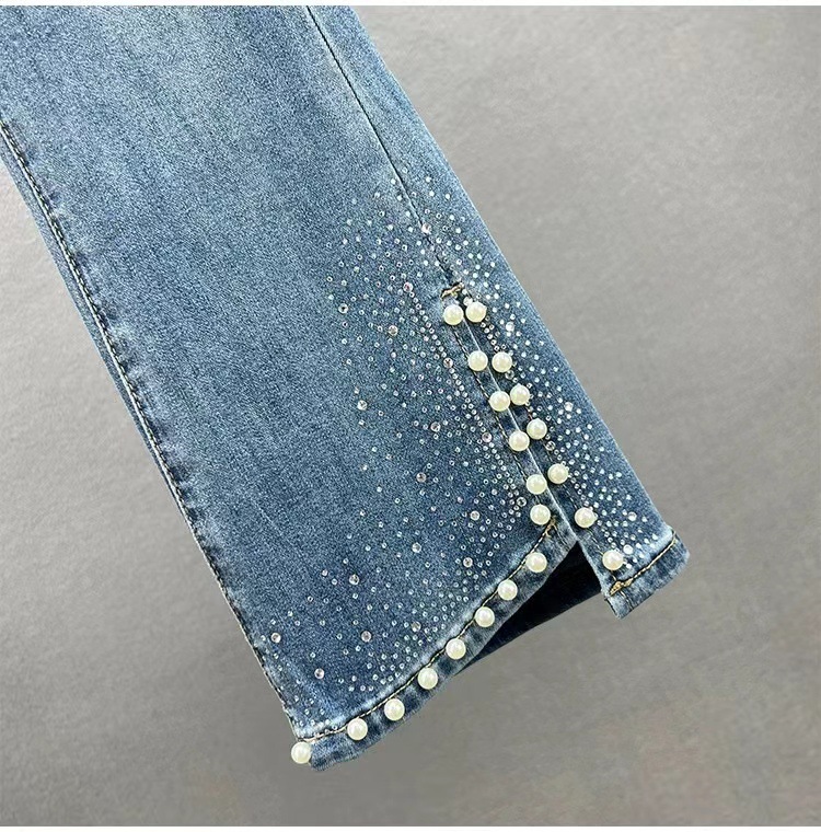 High-waisted Rhinestone Flared Jeans With Side Slits Denim Trousers_voghion.com