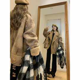 潮加厚宽松秋冬上衣棉服女皮毛一体羊羔毛胖mm机车服外套穿搭大码