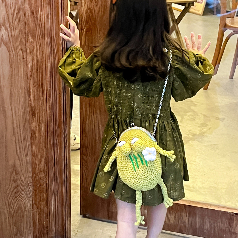 Chica de moda bolsa de mensajero de dibujos animados lindo clip de rana bolso de hombro de los niños Otoño de lana de punto bolsa de accesorios