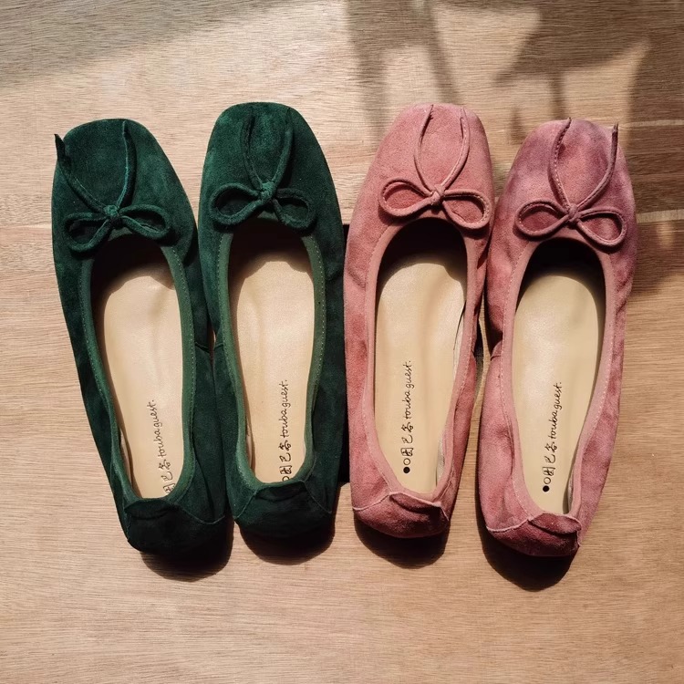 In Stock~Sheep Suede Soft-Soled Ballet Shoes 2025 New Square-Toe Dark Green Bow Flats Shallow Scoop Shoes
