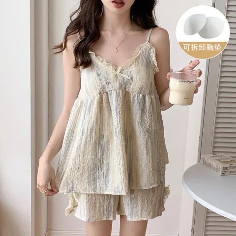 Celebridad en línea pijamas en vivo de las mujeres 2023 cabestrillo de verano con almohadilla en el pecho Celebridad de Internet algodón artificial ropa de hogar traje de verano entrega de una pieza