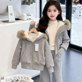 女童韩版冬装加绒套装2025新款女中大童毛领连帽外套喇叭裤两件套