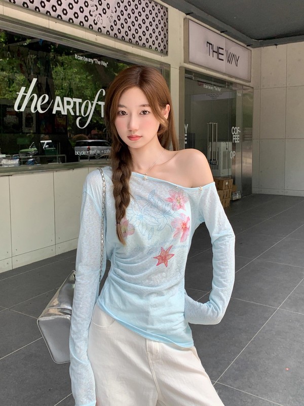 斜领印花长袖t恤女夏季薄款2025新款修身空调衫外搭防晒罩衫上衣|undefined