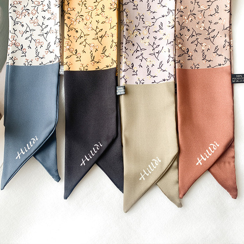 Narrow and Long Silk Scarf, French Retro Spring and Autumn Classic Small Flower Versatile Multifunctional Hairband Professional Small Collar Scarf