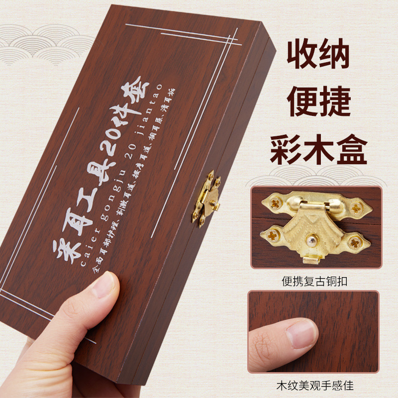 Fábrica en stock oreja recoger limpieza del oído cera limpieza pluma de ganso palo oreja recogiendo el color del pelo caja de madera oreja recogiendo herramienta traje