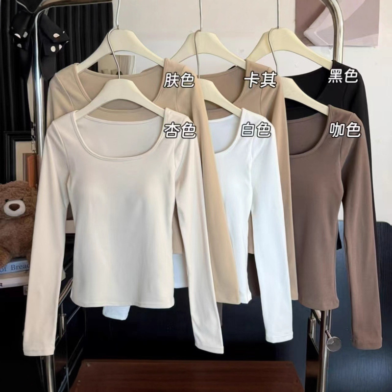 Warm Long-Sleeved T-Shirt, U-Neck Base Layer, Women's Inner Wear, New Autumn and Winter Style, with Chest Pad, Thin Velvet, Thickened Top Warm Long-Sleeved T-Shirt, U-Neck Base Layer, Women's Inner Wear, New Autumn and Winter Style, with Chest Pad, Thin Velvet, Thickened Top