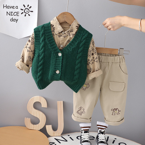 New Men's Autumn Long Sleeve Set 0-5 Years Old Boys Bamboo Style Vests Cardigans Children's Autumn Set of Three
