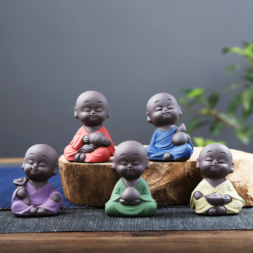 Fingertip Little Monk Zisha Wufu Cute Mini Tea Play Tea Pet Ornament Tea Nourishing Tea Table with Flower Pot Decoration