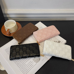 錢包女士2024新款格子拉鏈長款零錢包大容量簡約手拿包手抓包卡包