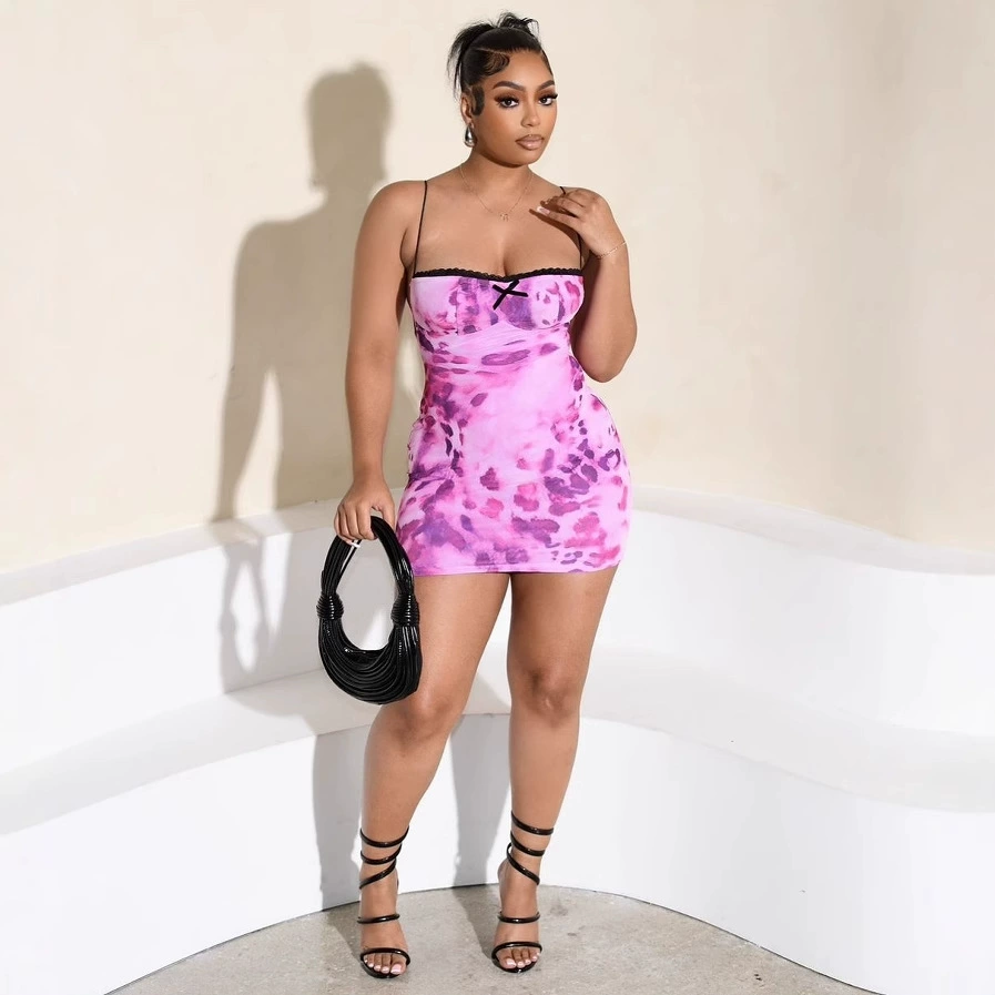 2024 Летнее новое трансграничное европейское и американское леопардовое узкое бедра сексуальная горячая девушка платье модный принт короткая юбка