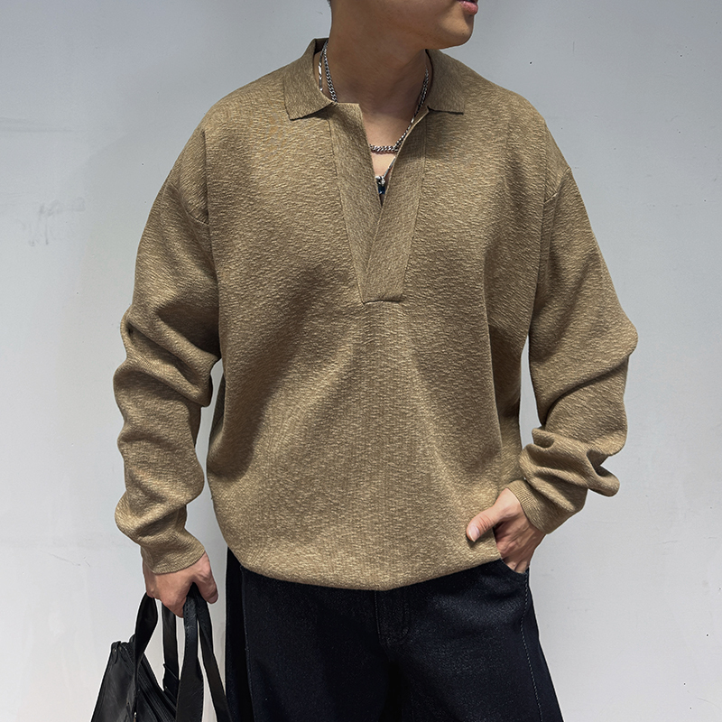 高级感V领针织衫套头毛衣2025秋季新款翻领保暖男士POLO长袖打底|undefined