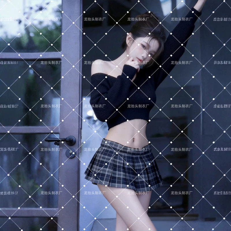 Off-Shoulder Knit Set: Short Sweater + Plaid Pleated Skirt Two-Piece Set for Women, All-Season Korean Style Spicy Girl Outfit Off-Shoulder Knit Set: Short Sweater + Plaid Pleated Skirt Two-Piece Set for Women, All-Season Korean Style Spicy Girl Outfit