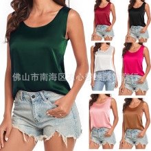 亚马逊跨境欧美时尚休闲2023女式丝绸缎面背心无袖衬衫