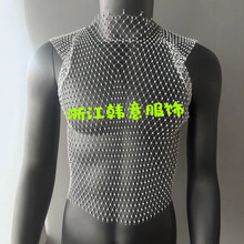 跨境欧美夏季渔网水钻男士服饰性感时尚派对沙滩镂空夜店网钻上衣